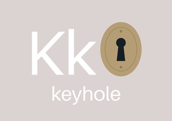 An engaging design introduces the letter K alongside a charming depiction of a keyhole, This creative representation blends learning and visual art in an appealing way