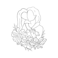 Daughter hugs mother. Little girl with mom. Woman and child, teen, adolescent with flowers greeting card. Graphic vector illustration, line art. Mother's, Daughter's Day. Postcards, article layout