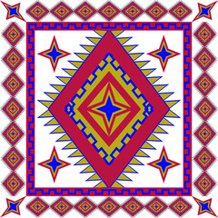 seamless geometric pattern
Colorful symmetrical ethnic pattern featuring a central diamond motif with star-like shapes, surrounded by geometric triangles and a decorative border. Inspired by tradition