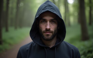 Hooded man posing in the forest. High quality