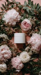 A white cosmetics jar on a bed of soft, lush, pink peonies, roses, and green leaves. 3