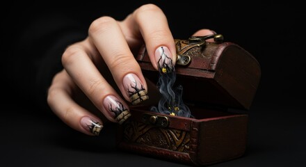 Mysterious manicured hand with fantasy nail art releasing magical smoke from an ancient treasure chest