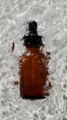 A product photo of an amber glass dropper bottle, plunges into clear water. 4