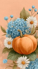 A warm background, with an orange pumpkin surrounded by watercolor flowers and leaves. 3