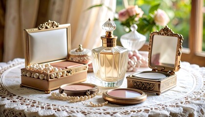 Elegant cosmetic display on lace tablecloth