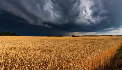 Dramatic Storm Clouds Looming Over A Golden Wheat Field Underneath An Ominous Sky