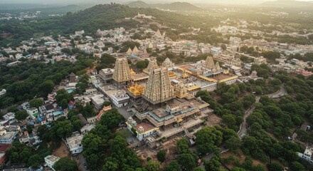Aerial view of Sri Ranganathaswamy Temple, Trichy, India with town and hills