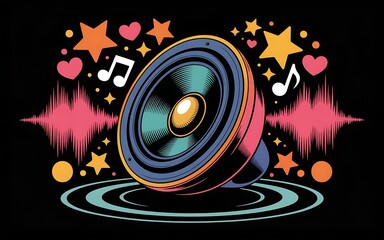 Colorful Speaker Illustration with Music Notes Stars and Hearts on Black Background for Party and Entertainment Concepts