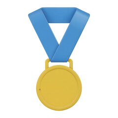 3d golden medal with blue ribbon decoration isolated on white background
