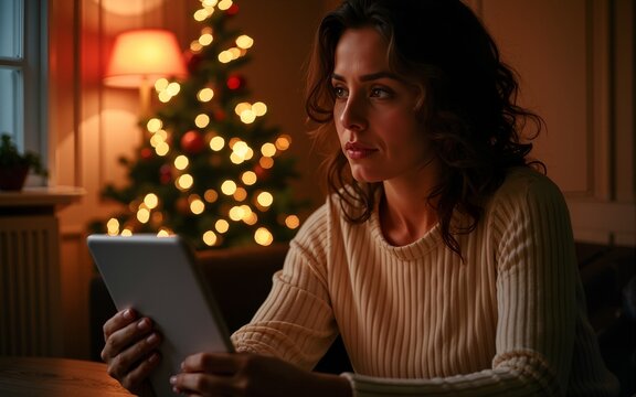 Sad lonely woman chatting on Christmas Eve. High quality