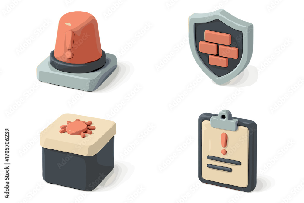 Poster set of 3d icons representing security, warning, and alerts with a modern, playful design
