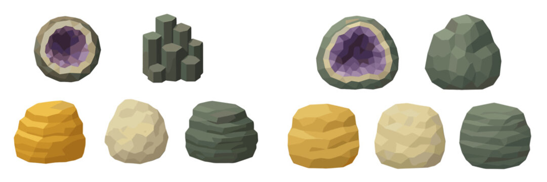 Stylized geometric rocks and geodes with purple crystal interiors