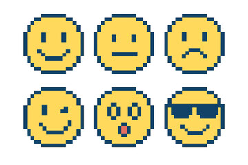 Pixelated smiley faces with diverse emotions and sunglasses