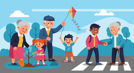 Obraz premium Intergenerational Activities - Grandparents, Children, and Kite Flying in a Community Setting.