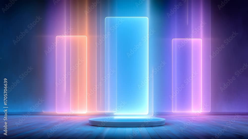 Poster sleek translucent rectangular glass panels with dynamic blue and purple gradient illumination, posit