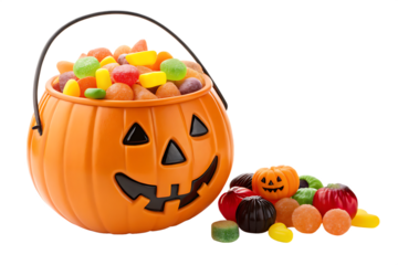 A festive orange jack o lantern candy bucket overflowing with colorful jelly beans and gummy bears isolated on transparent background