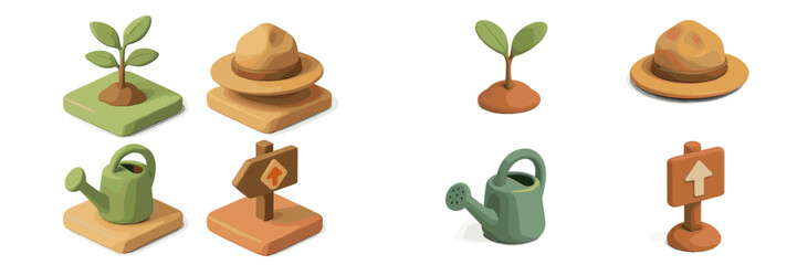 Stylized 3D icons depicting gardening, outdoor adventure, and nature exploration, featuring plants, hats, and directional signs