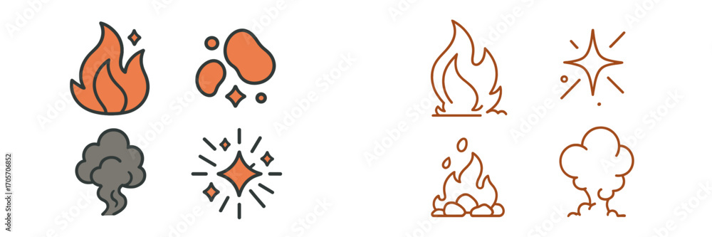 Poster stylized graphic elements depicting fire, smoke, and sparkle, presented as icons with gradient and o