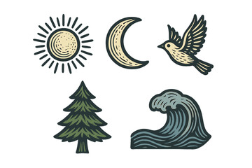 Nature symbols: sun, moon, bird, tree, ocean wave