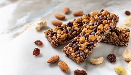 Obraz premium Delicious Chocolate Nut Bars With Crunchy Toppings On Marble Surface Perfect For Snack And Dessert Photography