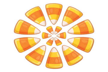 A circular arrangement of candy corn pieces forming a festive halloween pattern isolated on transparent background