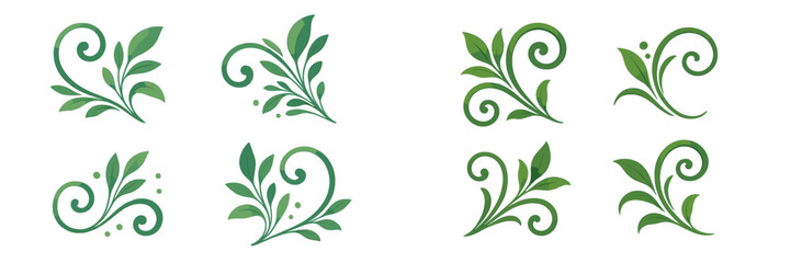 Stylized green leaf and swirl decorative elements with organic shapes and natural motifs