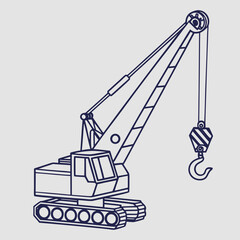 A simple line art illustration of a crawler crane with a hook and boom against a plain light gray background