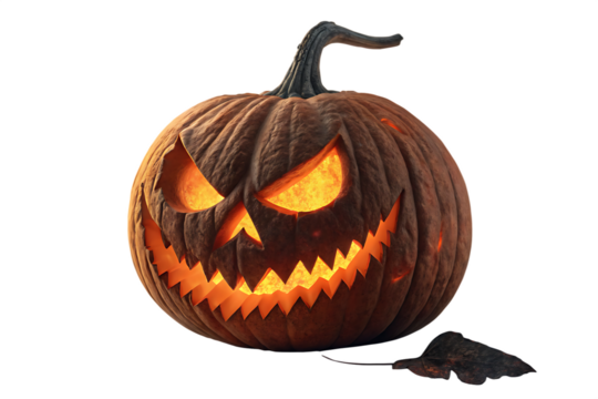 Spooky jack o lantern carved pumpkin with glowing orange interior and stem isolated on transparent background