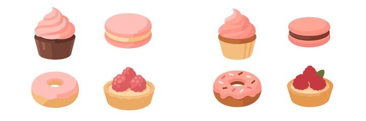 Assortment of pink frosted pastries and desserts with raspberries and sprinkles