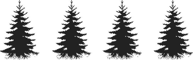 Minimalist pine tree forest illustration, black and white winter landscape, Christmas trees background, holiday design, nature scene, peaceful snow season