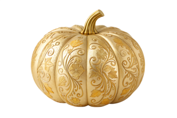 Ornate golden pumpkin with intricate carvings and textured stem isolated on transparent background