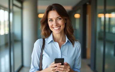 Happy mature professional business woman using cell phone at office, portrait. Smiling mid age 45 years old businesswoman executive standing at work lobby holding smartphone looking at camera.