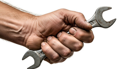 A weathered hand firmly grips a wrench, showcasing strength and manual labor.