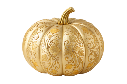 Ornate golden pumpkin with intricate carvings and textured stem isolated on transparent background