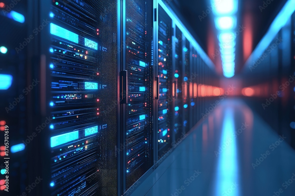 Poster modern data center server room with blue and red lights, ideal for technology blogs, it infrastructu