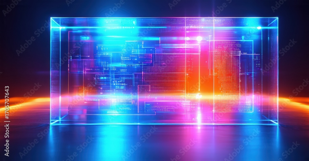 Poster glowing cube displays complex data streams. bright neon colors illuminate dark space, creating futur