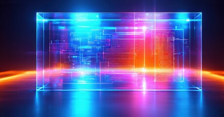 Glowing cube displays complex data streams. Bright neon colors illuminate dark space, creating futuristic effect.