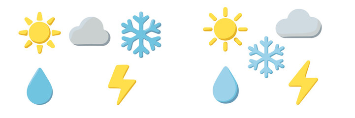 Modern 3D style weather forecast icons including sun cloud snowflake rain and lightning bolt for digital applications and user interfaces