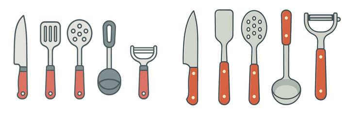 Assorted kitchen tools with red handles: knives, spatulas, peelers, and ladles