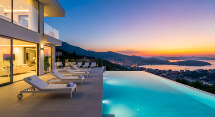 Fototapeta premium Luxury villa with infinity pool overlooking the coast at sunset