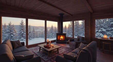Cozy cabin interior with fireplace and snowy landscape view in winter time