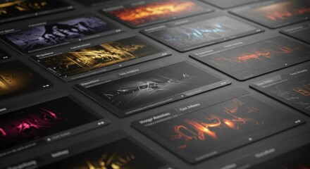Dark themed user interface elements showcasing abstract artwork and modern design
