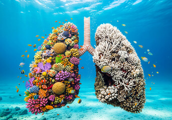 Human lungs made of coral reef, one side vibrant and healthy, the other bleached and dead. Concept of environmental impact.