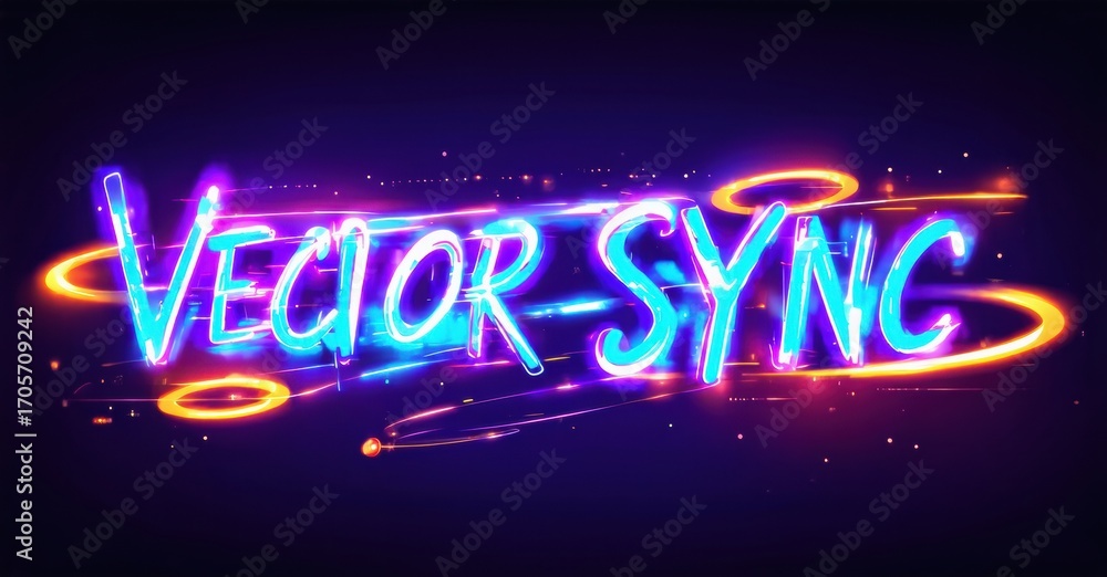 Poster bright neon text spells vector sync against dark purple background. glowing lines, sparks add dynami