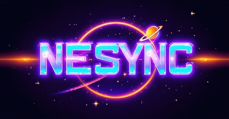 Naklejka premium Retro design features NSYNC text, vibrant colors, planets, stars. Cosmic aesthetic evokes nostalgia, pop culture vibes.