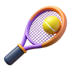 Vibrant 3d render of a tennis racquet with a yellow tennis ball isolated on transparent background