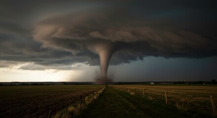 Dramatic tornado touching down on the plains with ominous storm clouds overhead