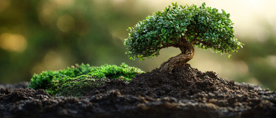 A young bonsai tree with a curved trunk and dense green crown grows from the soil, symbolizing growth and development.
It is in demand for environmental projects, articles about nature,  