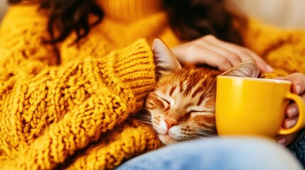Cozy Autumn Afternoon with Cat and Mug in Warm Sweater