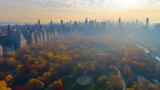 Autumn foliage fills the New York City skyline with vibrant colors while the park offers a tranquil escape during sunrise